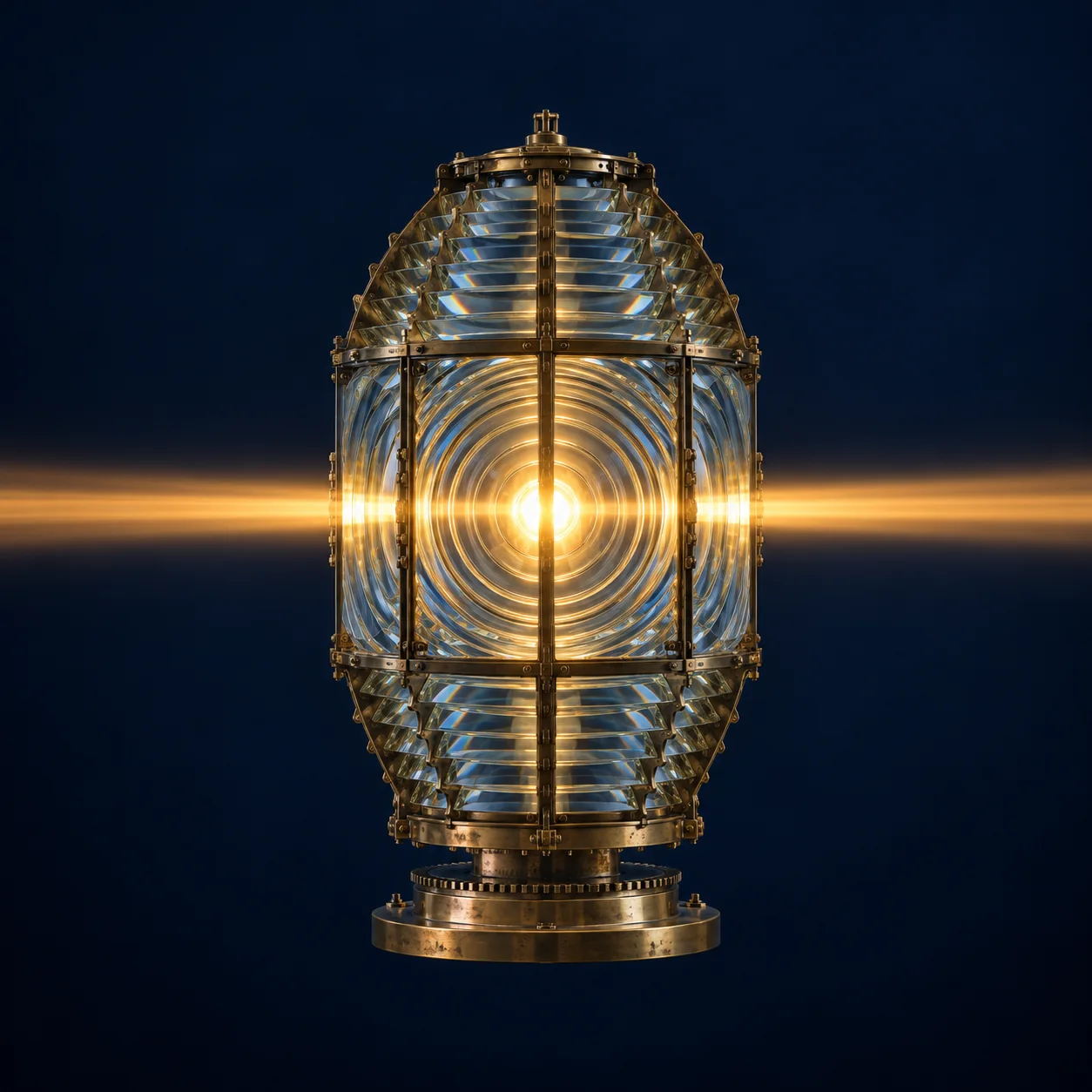 Fresnel-Linse eines Leuchtturms, in der Mitte leuchtet die Lampe